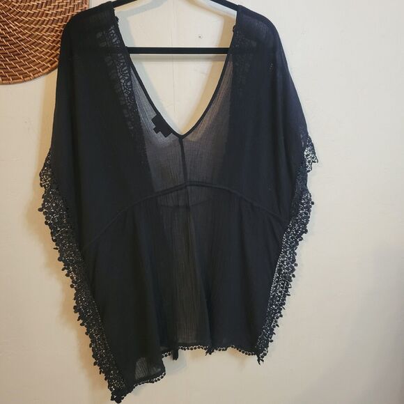 Topshop Kimono Black Lace Trim Tie Waist Double V Beach Cover‎ Small - Picture 7 of 16